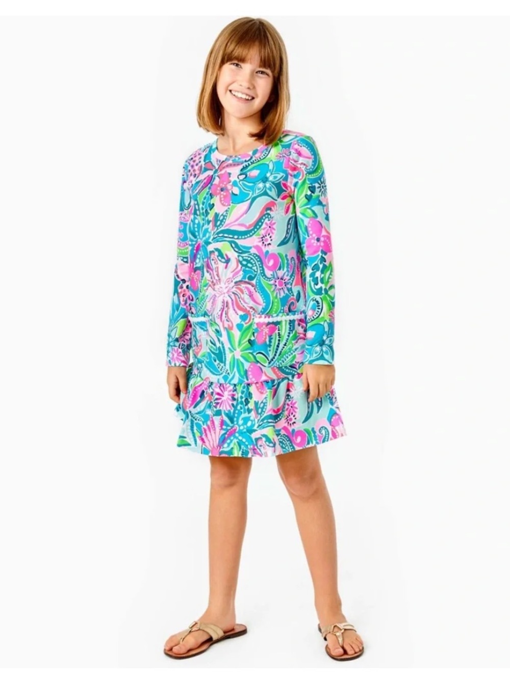 Lilly Pulitzer XL Dress Blue Pink Floral Vira Tropical Long Sleeve